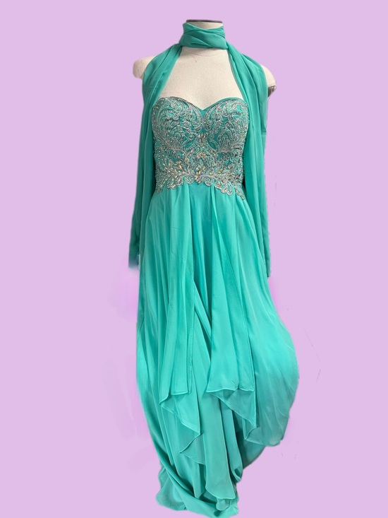 Juliet Dresses & Skirts - Strapless Jade Beaded Chiffon Evening Dress with Shawl